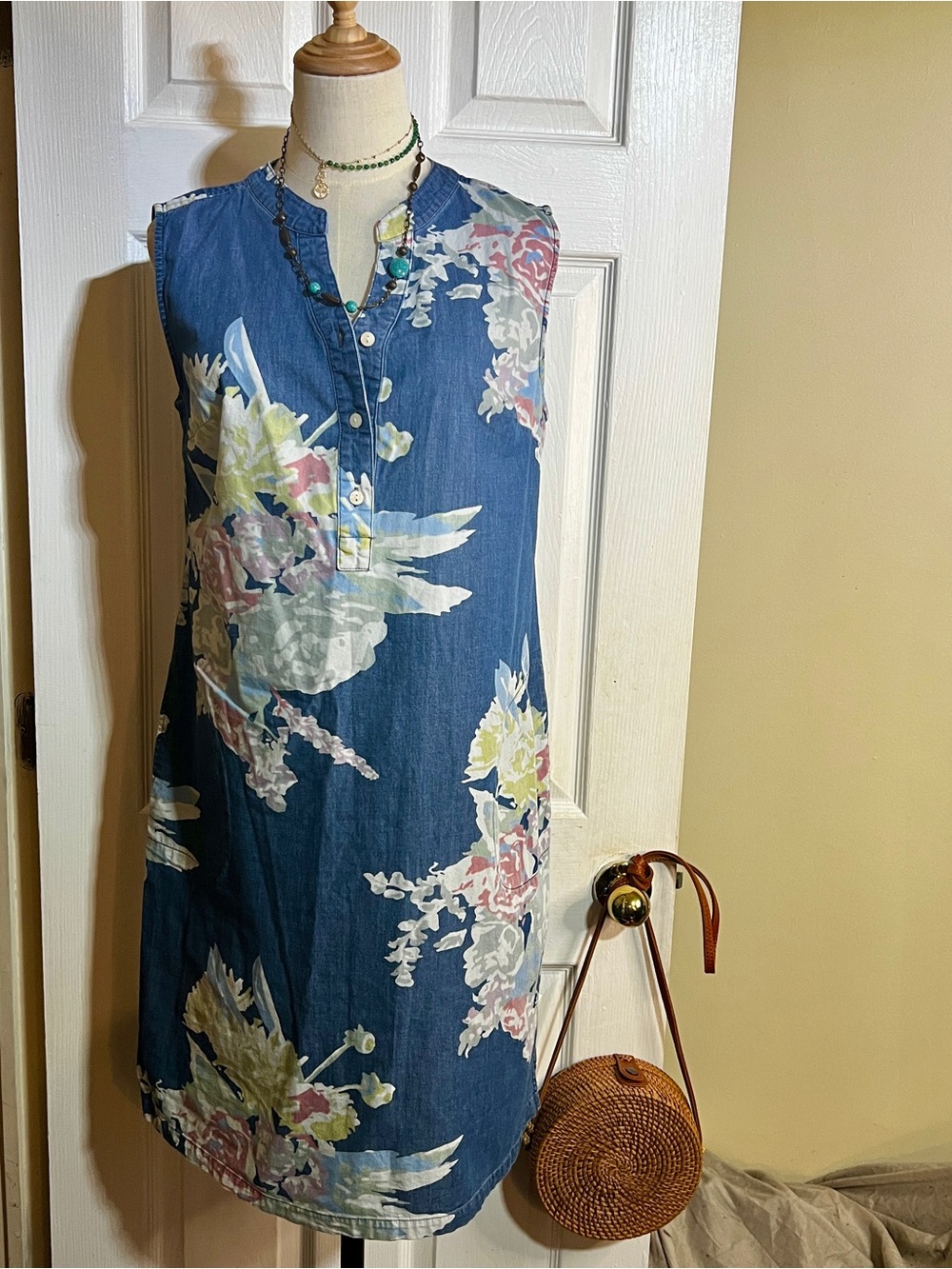 Denim&Co Wms Blue Cotton Stretch Floral Sleeveless Preppy Casual Summer Dress S - Picture 4 of 13
